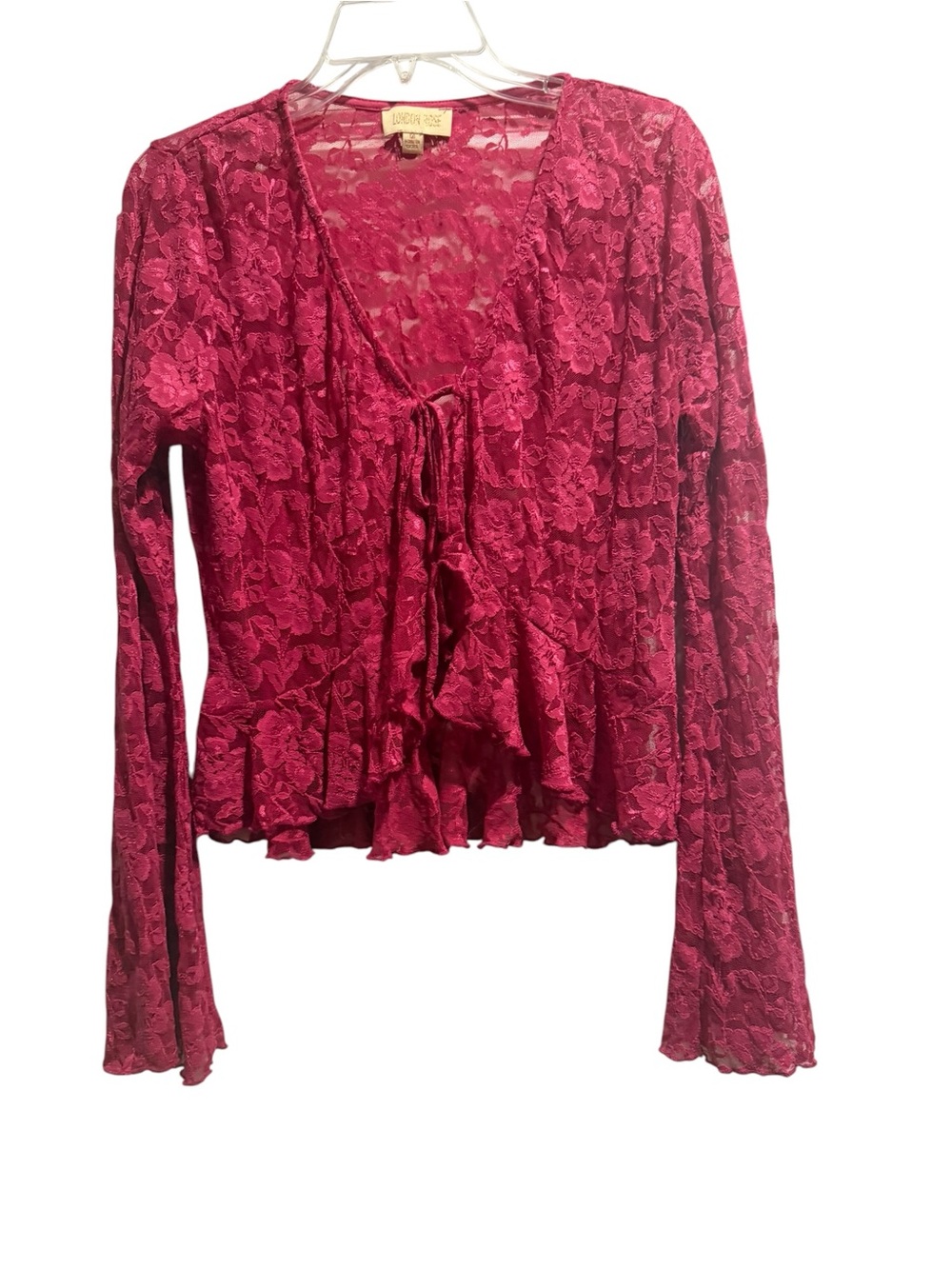 EUC LONDON ROSE Women's Lace Tie Front Ruffle Long Sleeve Blouse